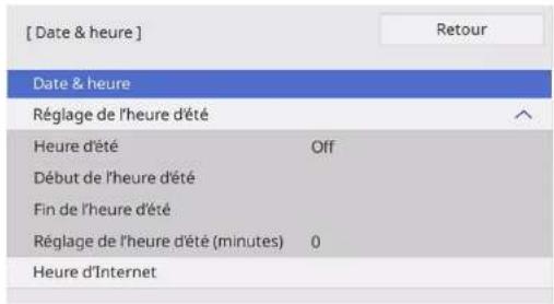 [ Date & heure ] Date & heure Réglage de l'heure d'été Heure d'été Off Début de l'heure d'été Fin de l'heure d'été Réglage de l'heure d'été (minutes) 0 Heure d'Internet