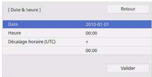 [ Date & heure ] Date 2010-01-01 Heure 00:00 Décalage horaire (UTC) + 00:00 Valider