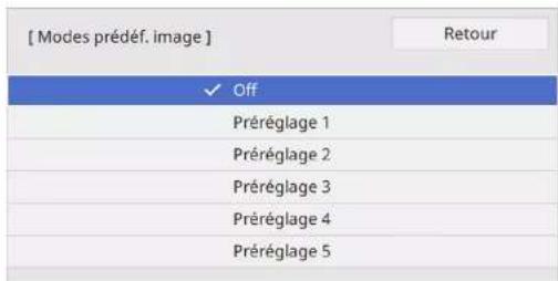[ Modes prédéf. image ] Off Préréglage 1 Préréglage 2 Préréglage 3 Préréglage 4 Préréglage 5 Retour