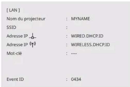 [ LAN ] Nom du projecteur : MYNAME SSID : Adresse IP ⏻ : WIRED.DHCP.ID Adresse IP (↑) : WIRELESS.DHCP.ID Mot-clé : ---- Event ID : 0434