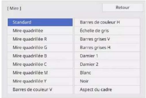 [ Mire ] Standard Mire quadrillée Mire quadrillée R Mire quadrillée G Mire quadrillée B Mire quadrillée C Mire quadrillée M Mire quadrillée Y Barres de couleur V Barres de couleur H Échelle de gris Barres grises V Barres grises H Damier 1 Damier 2 Blanc Noir Aspect du cadre Retour