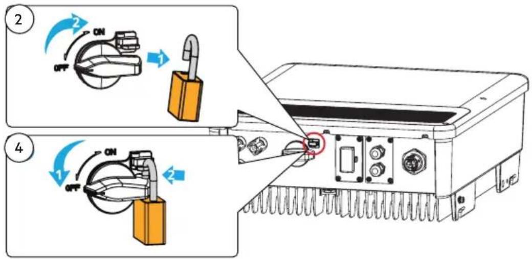Diagram illustrating the operation of a device with ON/OFF switch and lock mechanism, showing step-by-step states of switch state change.