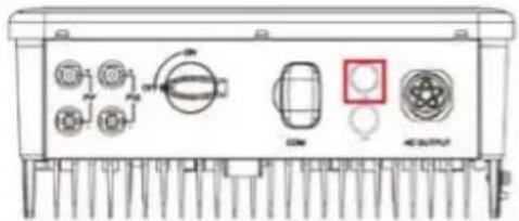 Technical diagram of an electronic device rear panel with labeled ports and indicators