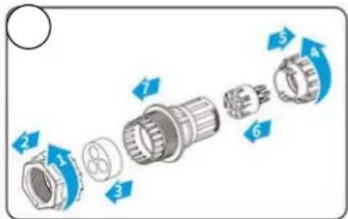 Exploded view diagram of a mechanical component with numbered parts and directional arrows indicating assembly or assembly steps.
