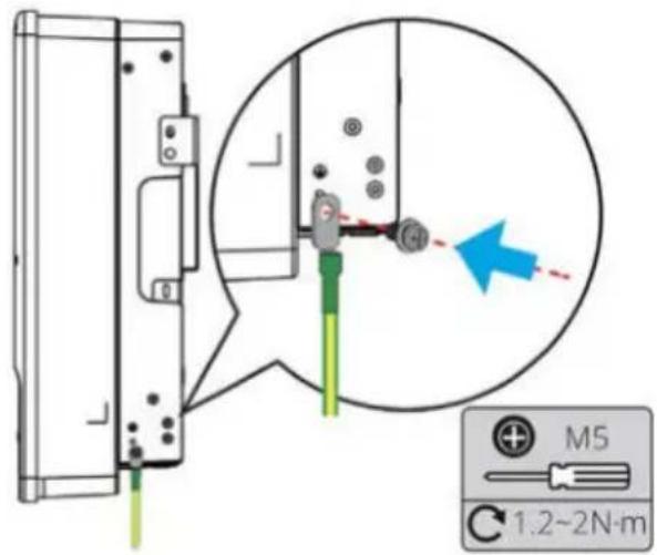 Technical diagram showing a device panel with a magnified inset highlighting a component, including a blue arrow and a component labeled M5 with 1.2~2N·m.
