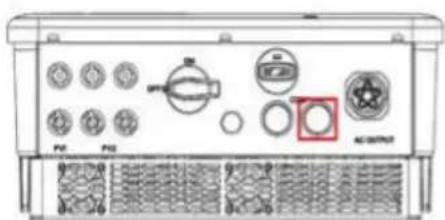 Technical diagram of an electronic device front panel with labeled buttons, indicators, and a highlighted circular component.