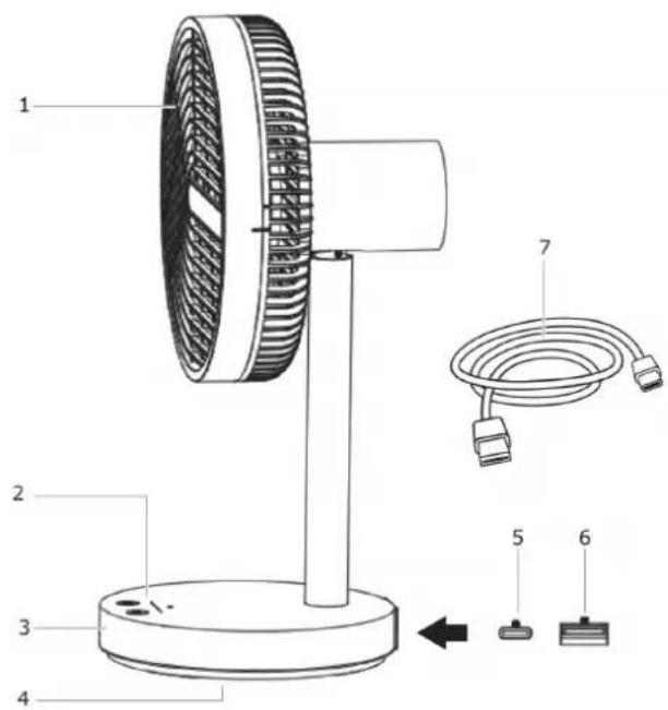 Technical diagram of a desktop fan with labeled parts including a coiled cable and accessories