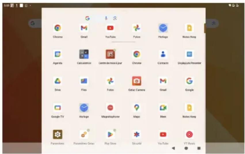 Chemo Gmail YouTube Fonts Haplage Notes Keep Agenda Calculatrice Centre de merés à jour Chrome Contracts DisplayLink Presenter Drive Files Fotos Gelac Camera Gmail Google Google TV Horloge Magnitaphone Maps Meet Notes Keep Paramètres Paramètres Getao Play Store Sicurité YouTube YT Music
