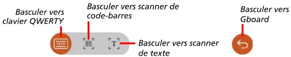 Basculer vers clavier QWERTY Basculer vers scanner de code-barres Basculer vers scanner de texte Basculer vers Gboard