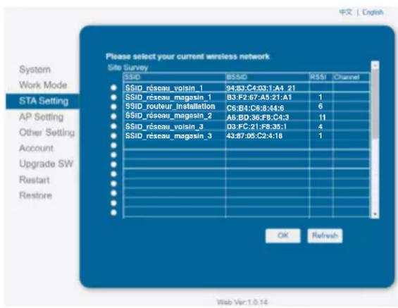 Please select your current wireless network Site Survey SSIO 8550 RSSI Channel SSIO_reseau_voisin_1 94:83:C4:03:1:A4 21 SSIO_reseau_magasin_1 B3:F2:67:A5:21:A1 1 SSIO_routeur_Installation C6:B4:C6:8:4:6 6 SSIO_reseau_magasin_2 A6:BD:36:F8:C4:3 11 SSIO_reseau_voisin_3 D3:FC:21:F8:35:1 4 SSIO_reseau_magasin_3 43:87:06:C2:4:18 1 OK Refresh Web Var:1.0.14