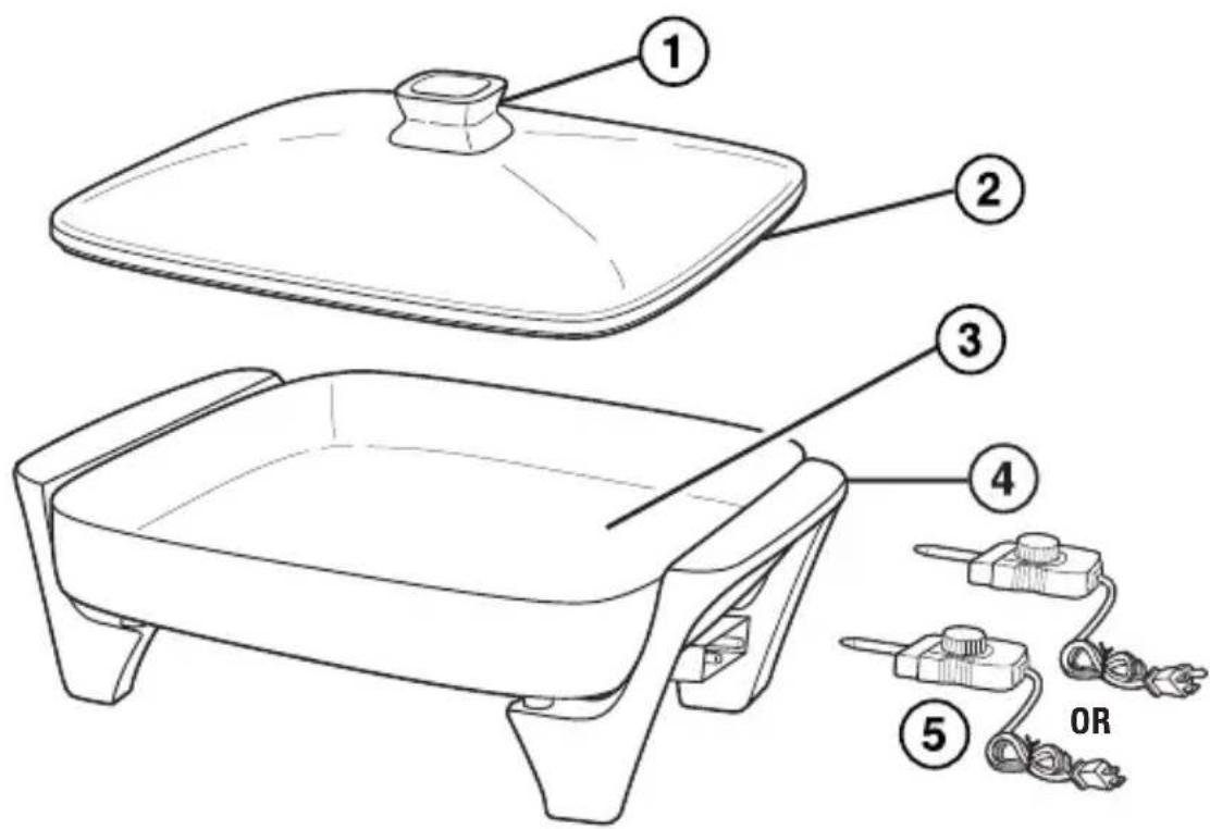 Technical diagram of a cooking grater with labeled parts including a lid, side panels, and electrical probes.