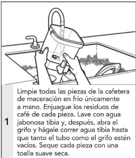 1 Limpie todas las piezas de la cafetera de maceración en frío únicamente a mano. Enjuague los residuos de café de cada pieza. Lave con agua jabonosa tibia y, después, abra el grifo y hágale correr agua tibia hasta que tanto el tubo como el grifo estén vacíos. Seque cada pieza con una toalla suave seca.