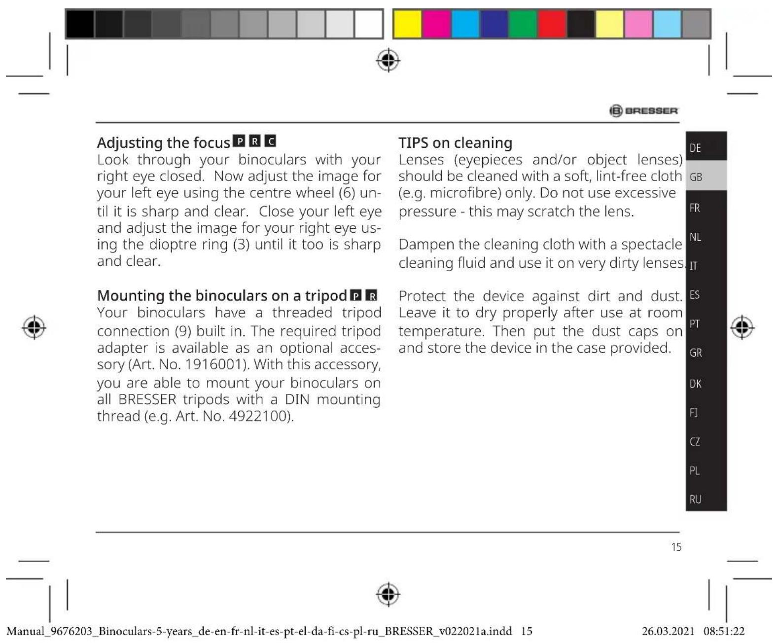 BRESSER Wave 8x42 - Adjusting the eyepiece distance - 1