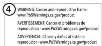 4 WARNING: Cancer and reproductive harm - www.P65Warnings.ca.gov/product AVERTISSEMENT: Cancer et problèmes de reproduction - www.P65Warnings.ca.gov/product ADVERTENCIA: Cáncer y daños al sistema reproductor - www.P65Warnings.ca.gov/product