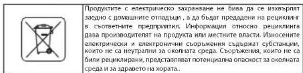 Продуктите с електрическо захранване не бива да се изхвърлят заедно с домашните отпадъци, а да бъдат предадени на рециклиг в съответните предприятии. Информация относно рециклинга дава производителят на продукта или местните власти. Износените електрически и електронични съоръжения съдържат субстанции, които не са неутрални за околната среда. Съоръжения, които не са били рециклирани, представляват потенциална опасност за околната среда и за здравето на хората...