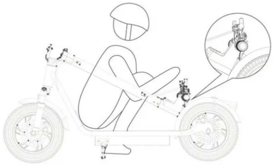 Technical diagram of a three-wheeled electric scooter with labeled components and a close-up inset showing internal components.