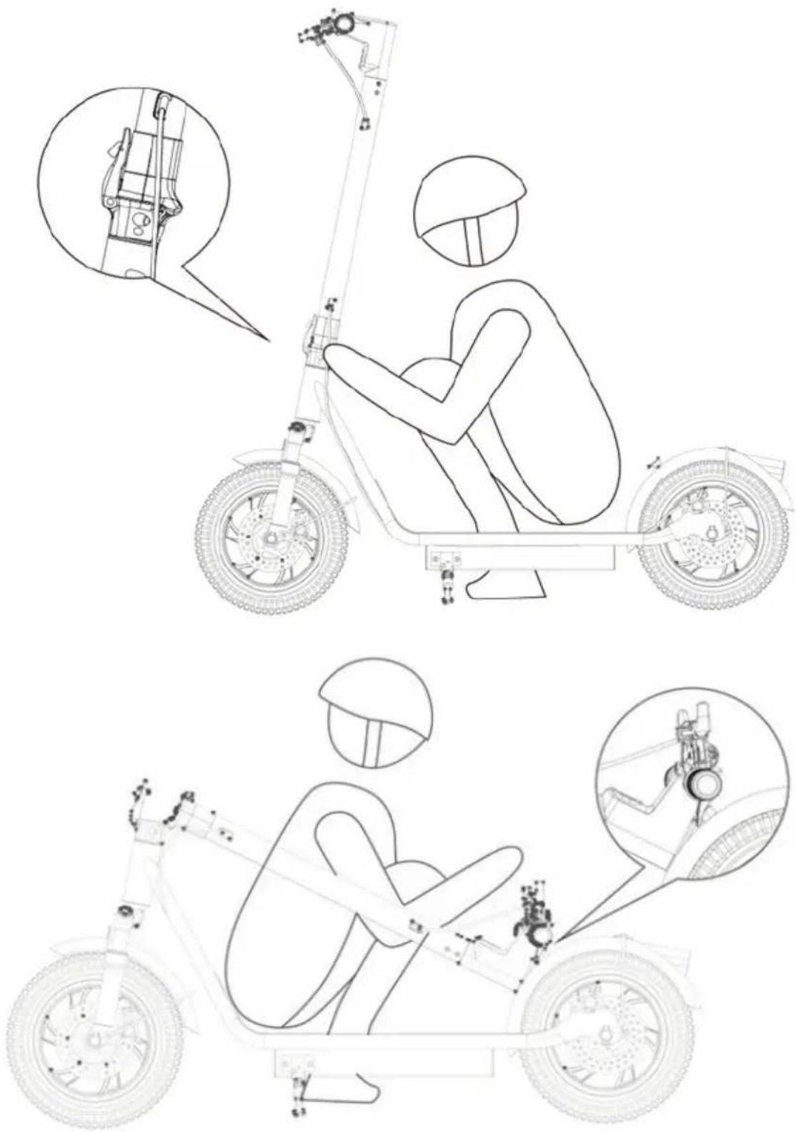Technical diagram showing a person using an electric scooter with close-ups of mechanical components and a separate view of the same device.