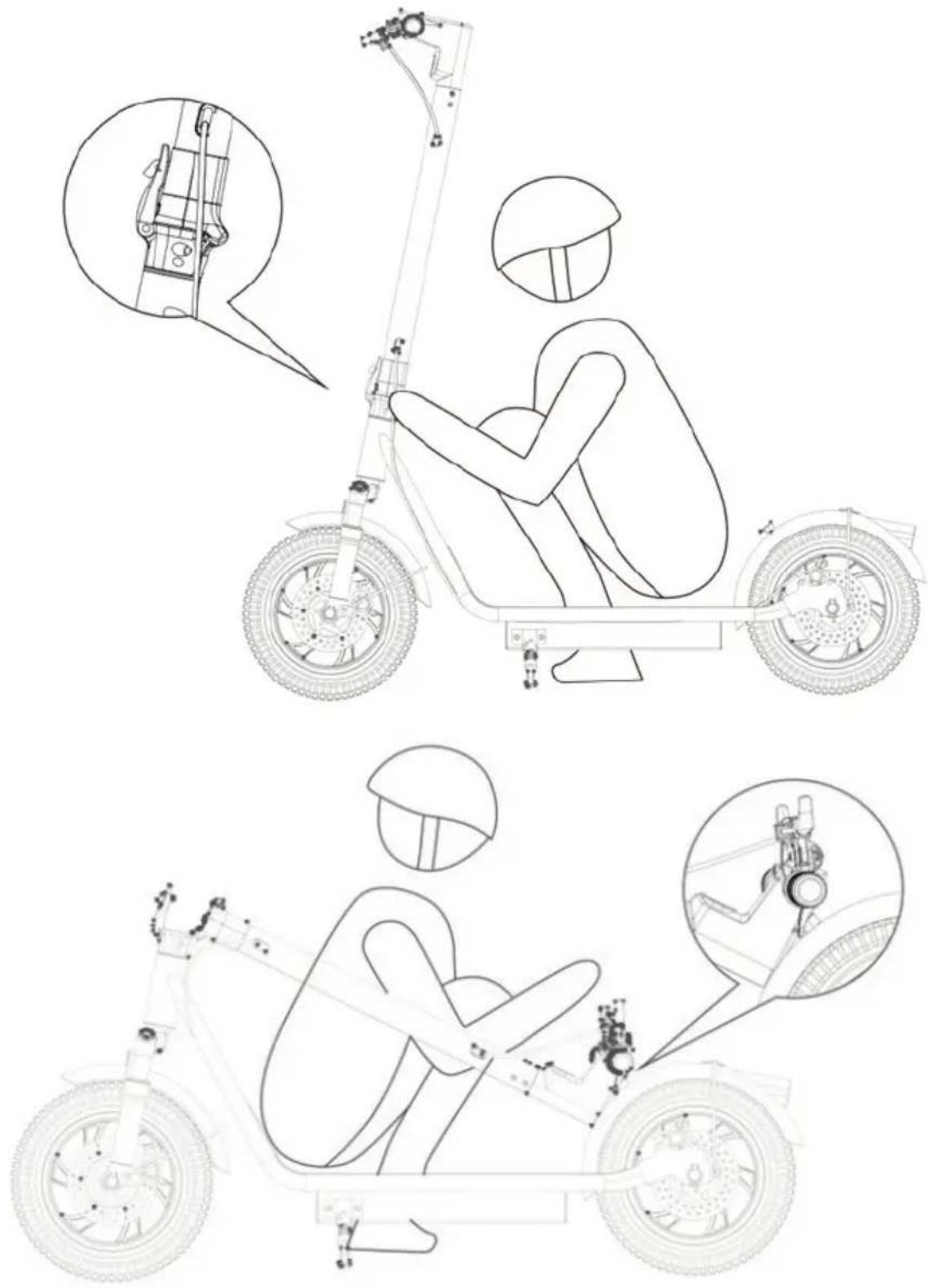 Technical diagram showing a person using an electric scooter with labeled components and close-ups of the motor and steering wheel.