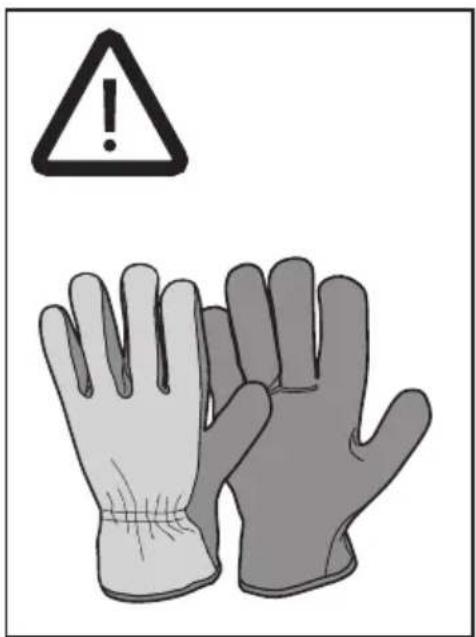 Warning sign with exclamation mark and two gloves, indicating hazardous material