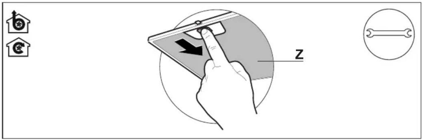 Diagram illustrating a hand interacting with a device labeled 'z', accompanied by icons for home, home, and wrench.