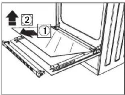 Diagram showing a mechanical assembly with labeled parts 1 and 2, indicating directional movement or assembly steps.