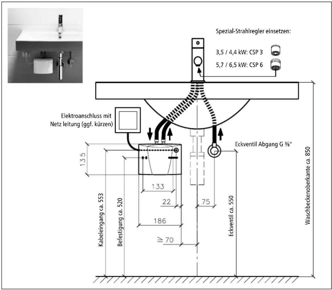 Clage M3 - Installationsbeispiel: Drucklose (offene) Installation - 1