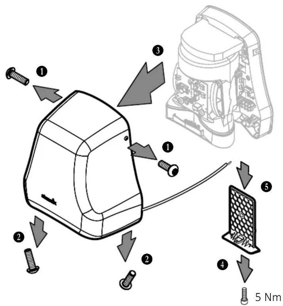 Diagram illustrating the assembly of a device with numbered parts and a 5-Nm scale indicator.