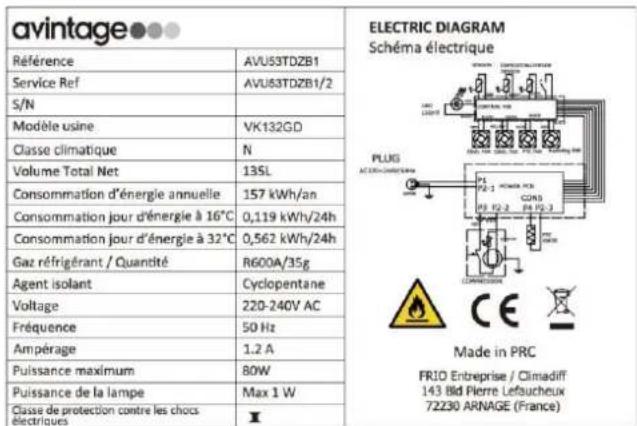AVINTAGE AVU54TDZX1 - PLAQUE SIGNALÉTIQUE - 1