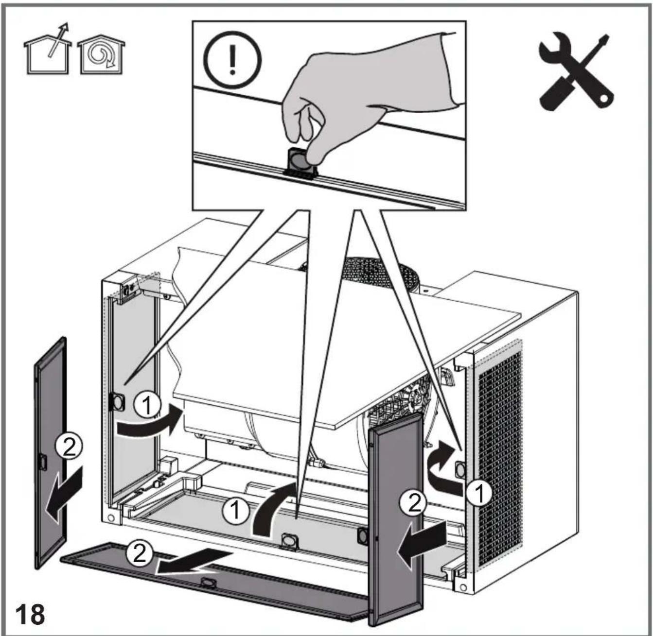 Diagram illustrating a disassembly or repair process of a computer into an open storage unit, with numbered steps and instructional icons.