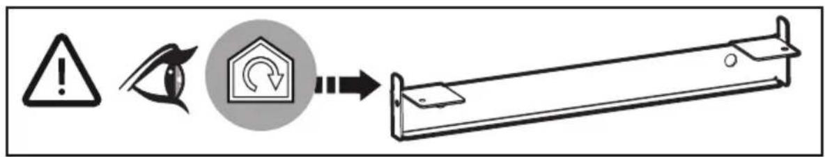 Warning symbol and process flow diagram showing warning, eye, house icon, and mechanical component