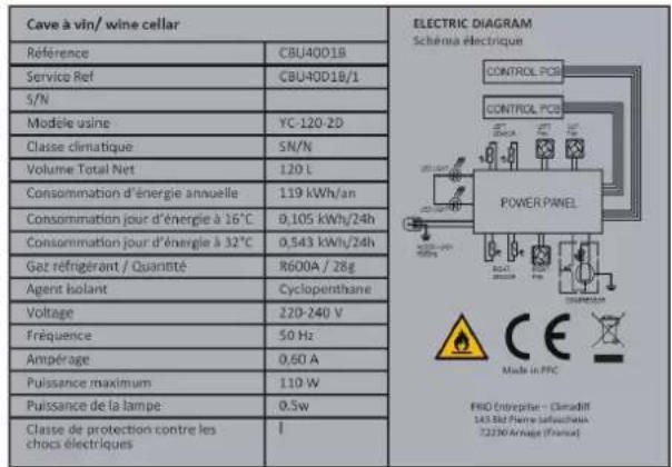 Cave à vin/ wine cellar Référence CBU4001B Service Ref CBU4001B/1 S/N Modèle usine YC-120-2D Classe climatique SN/N Volume Total Net 120 L Consommation d'énergie annuelle 119 kWh/an Consommation jour d'énergie à 16°C 0,105 kWh/24h Consommation jour d'énergie à 32°C 0,543 kWh/24h Gaz réfrigérant / Quantité R600A / 28g Agent Isolant Cyclopenthane Voltage 220-240 V Fréquence 50 Hz Ampérage 0,60 A Puissance maximum 110 W Puissance de la lampe 0.5w Classe de protection contre les chocs électriques ELECTRIC DIAGRAM Schärma électrique CONTROL PCB CONTROL PCB POWER PANEL Made in PPC FRO Enterprise - Climatif 143 Bit Pierre Sarafourais 22230Avrage (France)