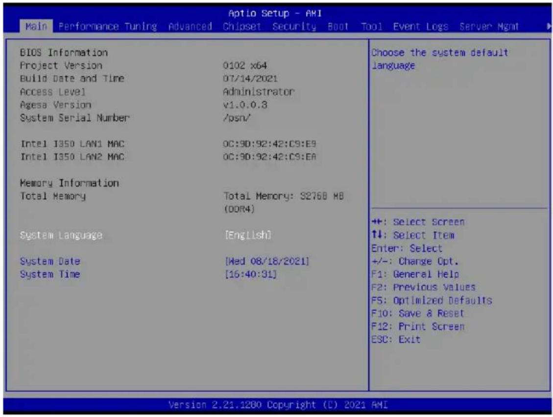 Aptio Setup - AMI Main Performance Tuning Advanced Chipset Security Boot Tool Event Logs Server Mgmt BIOS Information Project Version 0102 x64 Build Date and Time 07/14/2021 Access Level Administrator Agesa Version v1.0.0.3 System Serial Number /psn/ Intel I350 LAN1 MAC OC:9D:92:42:C9:E9 Intel I350 LAN2 MAC OC:9D:92:42:C9:EA Memory Information Total Memory Total Memory: 32768 MB (DDR4) System Language [English] System Date [Wed 08/18/2021] System Time [16:40:31] Choose the system default language +/-: Select Screen ↑↓: Select Item Enter: Select +/-: Change Opt. F1: General Help F2: Previous Values F5: Optimized Defaults F10: Save & Reset F12: Print Screen ESC: Exit Version 2.21.1280 Copyright (C) 2021 AMI