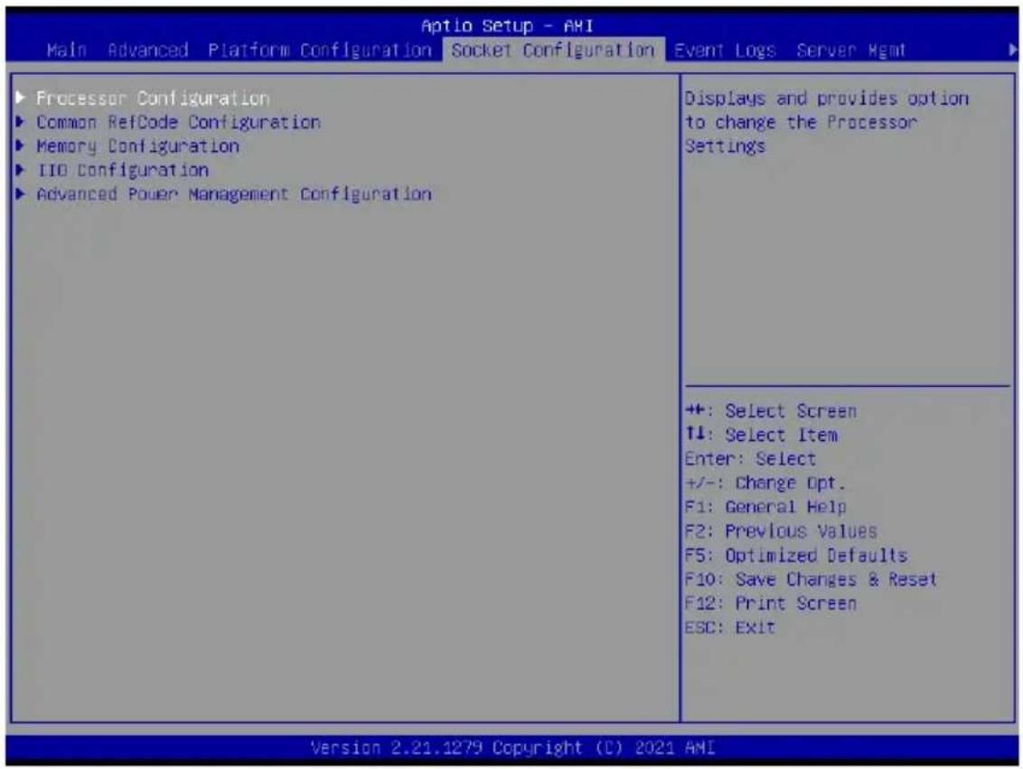 Aptio Setup - AMI Main Advanced Platform Configuration Socket Configuration Event Logs Server Hgmt ► Processor Configuration ► Common RefCode Configuration ► Memory Configuration ► IID Configuration ► Advanced Power Management Configuration Displays and provides option to change the Processor Settings +:-: Select Screen ↑↓: Select Item Enter: Select +/-: Change Opt. F1: General Help F2: Previous Values F5: Optimized Defaults F10: Save Changes & Reset F12: Print Screen ESC: Exit Version 2.21.1279 Copyright (C) 2021 AMI