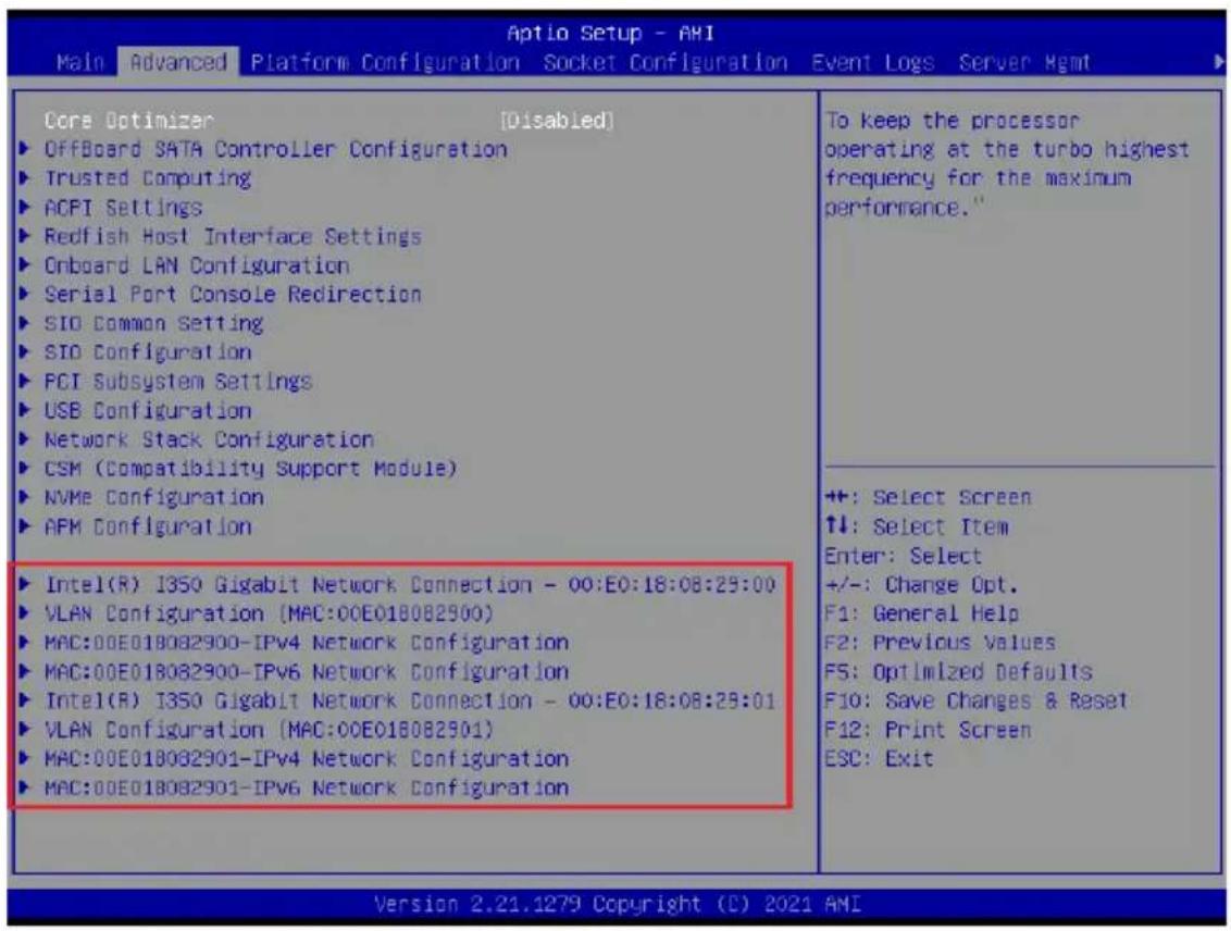 Aptio Setup - AHI Main Advanced Platform Configuration Socket Configuration Event Logs Server Hgmt Core Optimizer [Disabled] ► OffBoard SATA Controller Configuration ► Trusted Computing ► ACPI Settings ► Redfish Host Interface Settings ► Onboard LAN Configuration ► Serial Port Console Redirection ► SIO Common Setting ► SIO Configuration ► PCI Subsystem Settings ► USB Configuration ► Network Stack Configuration ► CSM (Compatibility Support Module) ► NVMe Configuration ► AFM Configuration ► Intel(R) I350 Gigabit Network Connection - 00:E0:18:08:29:00 ► VLAN Configuration (MAC:00E018082900) ► MAC:00E018082900-IPv4 Network Configuration ► MAC:00E018082900-IPv6 Network Configuration ► Intel(R) I350 Gigabit Network Connection - 00:E0:18:08:29:01 ► VLAN Configuration (MAC:00E018082901) ► MAC:00E018082901-IPv4 Network Configuration ► MAC:00E018082901-IPv6 Network Configuration To keep the processor operating at the turbo highest frequency for the maximum performance." +:- Select Screen ↑↓: Select Item Enter: Select +/-: Change Opt. F1: General Help F2: Previous Values F5: Optimized Defaults F10: Save Changes & Reset F12: Print Screen ESC: Exit Version 2.21.1279 Copyright (C) 2021 AMI