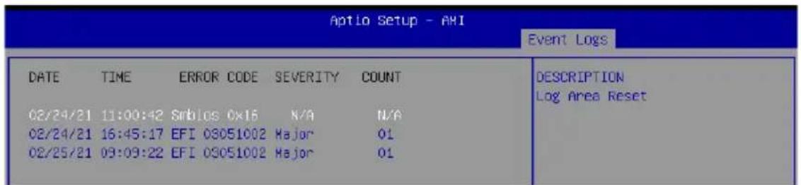 Aptio Setup - AHI Event Logs DATE TIME ERROR CODE SEVERITY COUNT 02/24/21 11:00:42 Smbios 0x16 N/A N/A 02/24/21 16:45:17 EFI 03051002 Major 01 02/25/21 09:09:22 EFI 03051002 Major 01 DESCRIPTION Log Area Reset