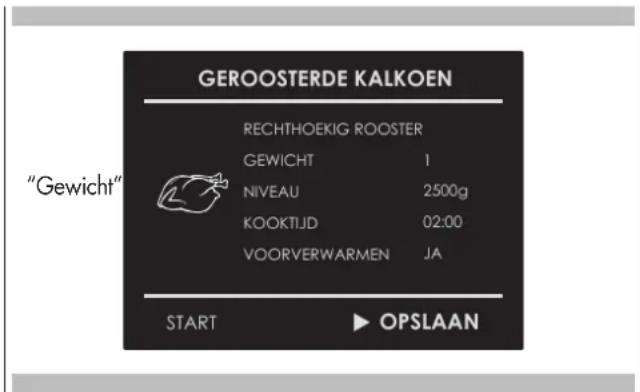 GEROOSTERDE KALKOEN "Gewicht" RECHTHOEKIG ROOSTER GEWICHT 1 NIVEAU 2500g KOOKTIJD 02:00 VOORVERWARMEN JA START ▶ OPSLAAN
