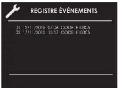 REGISTRE ÉVÉNEMENTS 01 12/11/2015 07:06 CODE: F10305 02 17/11/2015 13:17 CODE: F10305