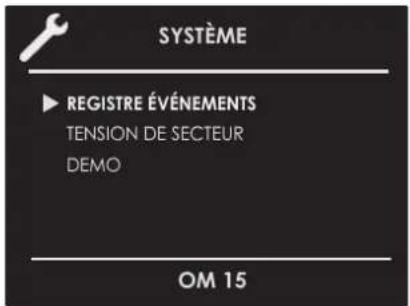 SYSTÈME ▶ REGISTRE ÉVÉNEMENTS TENSION DE SECTEUR DEMO OM 15