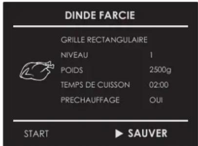 DINDE FARCIE GRILLE RECTANGULAIRE NIVEAU 1 POIDS 2500g TEMPS DE CUISSON 02:00 PRECHAUFFAGE OUI START ▶ SAUVER