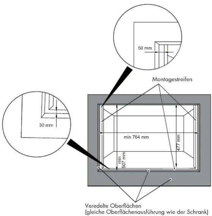 50 mm 30 mm Montagestreifen min 764 mm min 507 mm 477 mm Veredelte Oberflächen (gleiche Oberflächenausführung wie der Schrank)