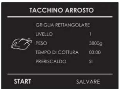 TACCHINO ARROSTO GRIGLIA RETTANGOLARE LIVELLO 1 PESO 3800g TEMPO DI COTTURA 03:00 PRERISCALDO SI START SALVARE