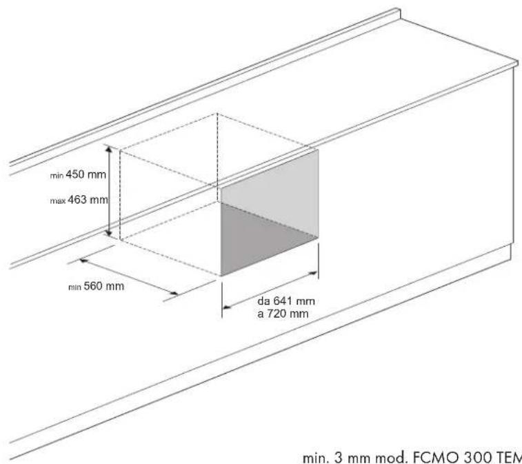 min 450 mm max 463 mm min 560 mm da 641 mm a 720 mm min. 3 mm mod. FCMO 300 TEM