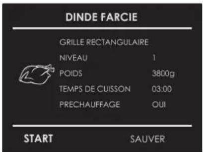 DINDE FARCIE GRILLE RECTANGULAIRE NIVEAU 1 POIDS 3800g TEMPS DE CUISSON 03:00 PRECHAUFFAGE OUI START SAUVER