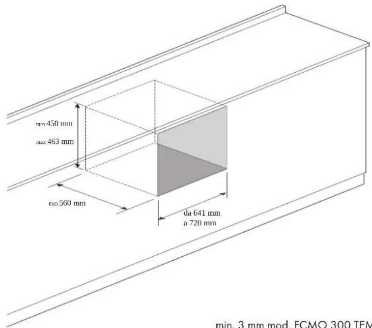 min 450 mm max 463 mm min 560 mm da 641 mm a 720 mm min. 3 mm mod. FCMO 300 TEM