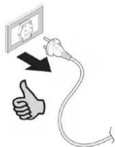 Diagram showing a hand giving a thumbs-up while connecting to an electrical plug, with a photo on the wall.