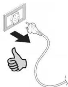 Diagram showing a hand giving a thumbs-up next to a wall-mounted device with a plug, indicating a medical or health monitoring context.