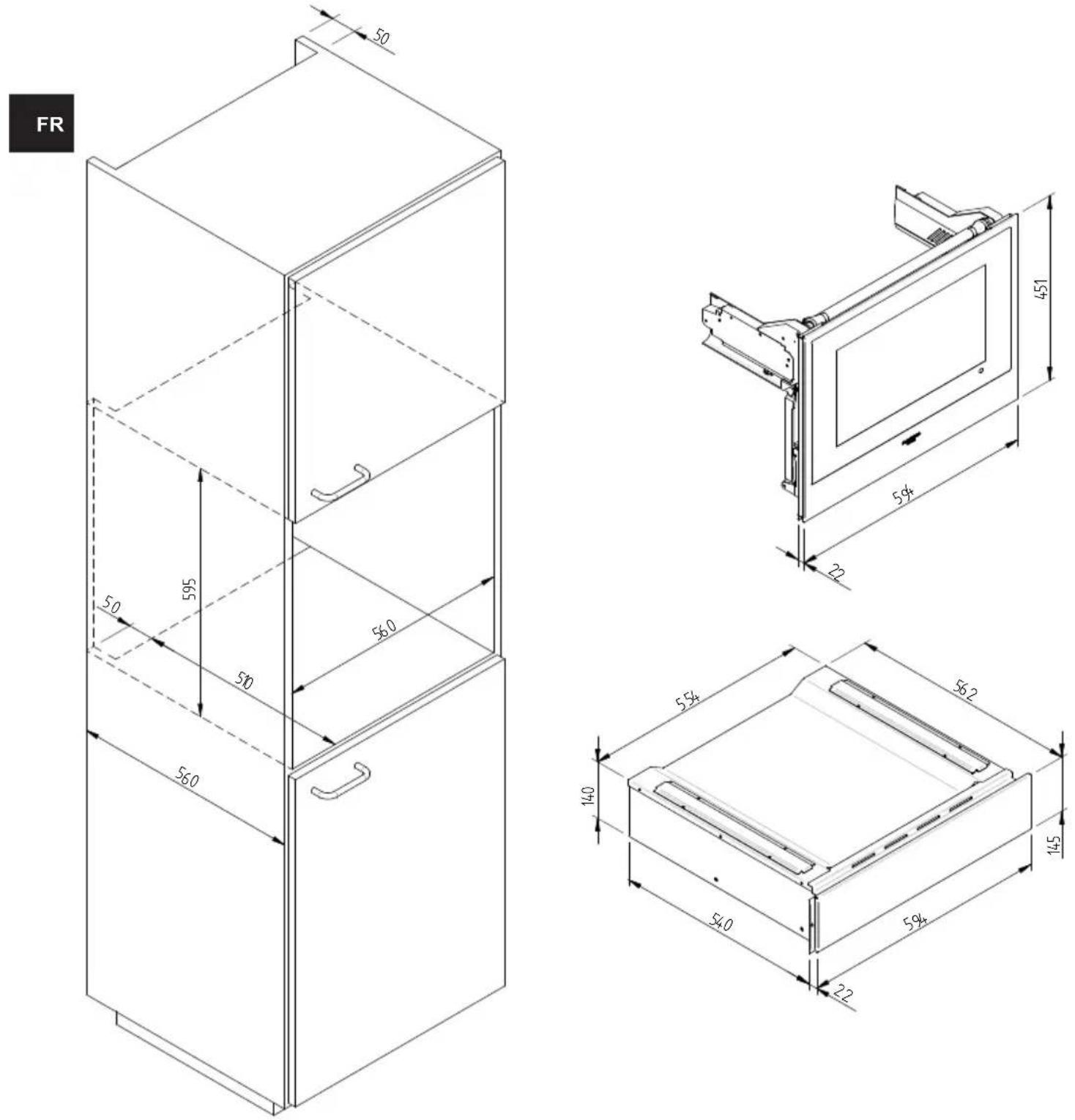 Fulgor Milano FWD 150 X - SCHÉMA DIMENSIONNEL DU TIROIR 145 ENCASTRABLE 560 X 595 AVEC TV DE 451 - 1