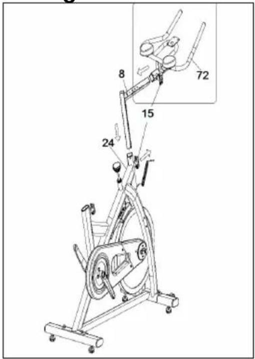 Technical diagram of an exercise machine with labeled parts and a magnified inset showing mechanical components.