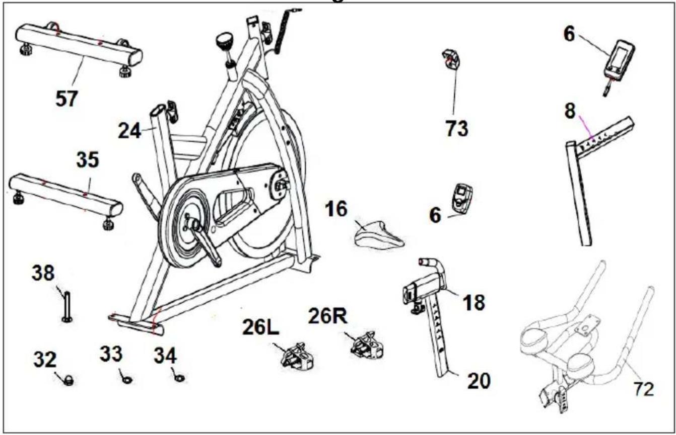 Technical diagram of a stationary exercise machine with labeled parts and numbered parts