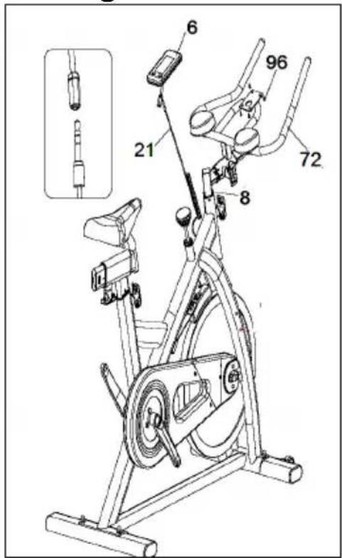 Technical diagram of an exercise bike with numbered components and a close-up inset showing the device's cable.